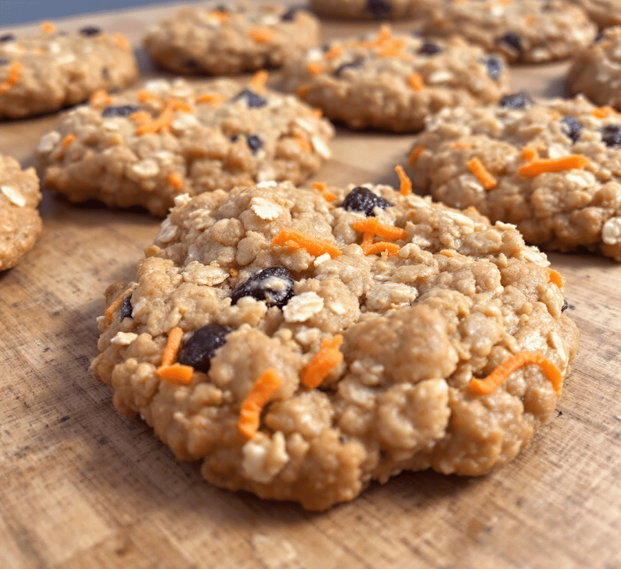 A close-up image of freshly baked oatmeal raisin cookies with visible carrot shreds, placed on a rustic wooden table.