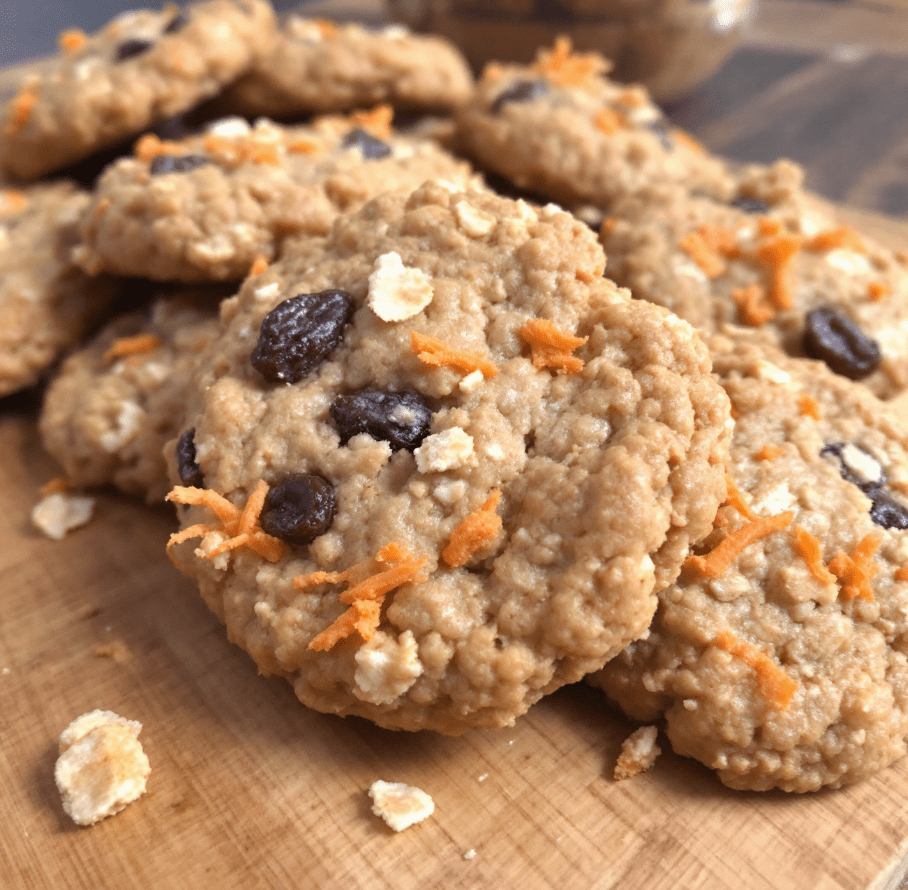 A close-up image of freshly baked oatmeal raisin cookies with visible carrot shreds, placed on a rustic wooden table.