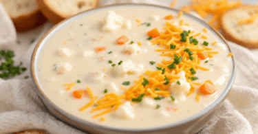 A bowl of creamy cauliflower soup with carrots, garnished with shredded cheese and fresh herbs, and served with slices of bread and pretzels in the background, focus on the bowl in the middle.