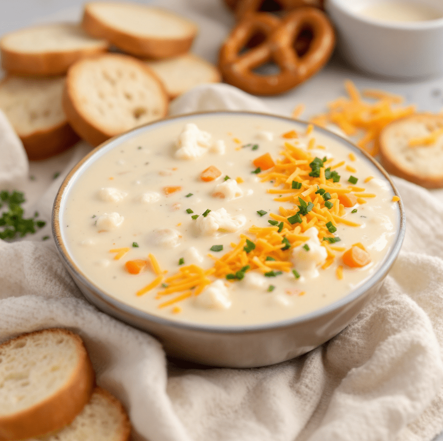 A bowl of creamy cauliflower soup with carrots, garnished with shredded cheese and fresh herbs, and served with slices of bread and pretzels in the background, focus on the bowl in the middle.