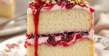 A slice of Heaven on Earth Cake showcasing layers of angel food cake, creamy vanilla pudding, and whipped topping, garnished with cherry pie filling and toasted almond slivers, served on a decorative plate.