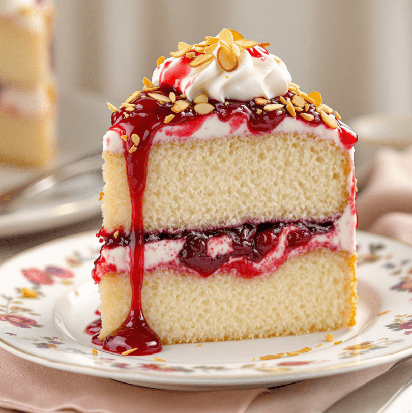 A slice of Heaven on Earth Cake showcasing layers of angel food cake, creamy vanilla pudding, and whipped topping, garnished with cherry pie filling and toasted almond slivers, served on a decorative plate.