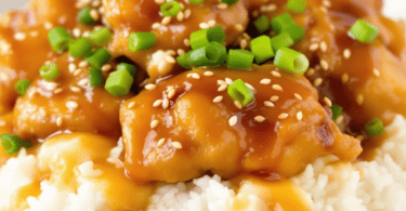 A delicious plate of Instant Pot Honey Garlic Chicken garnished with green onions, served over a bed of fluffy rice, with a drizzle of honey garlic sauce.