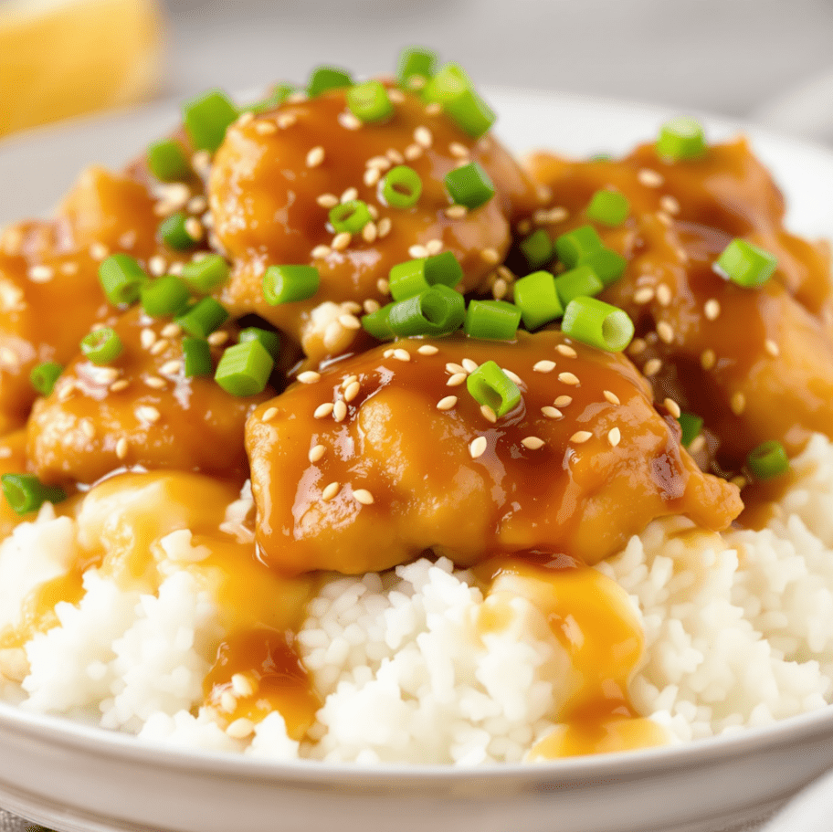 A delicious plate of Instant Pot Honey Garlic Chicken garnished with green onions, served over a bed of fluffy rice, with a drizzle of honey garlic sauce.