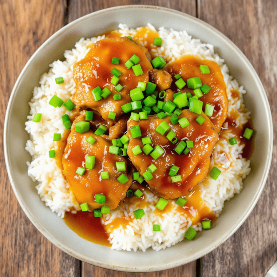 A delicious plate of Instant Pot Honey Garlic Chicken garnished with green onions, served over a bed of fluffy rice, with a drizzle of honey garlic sauce.