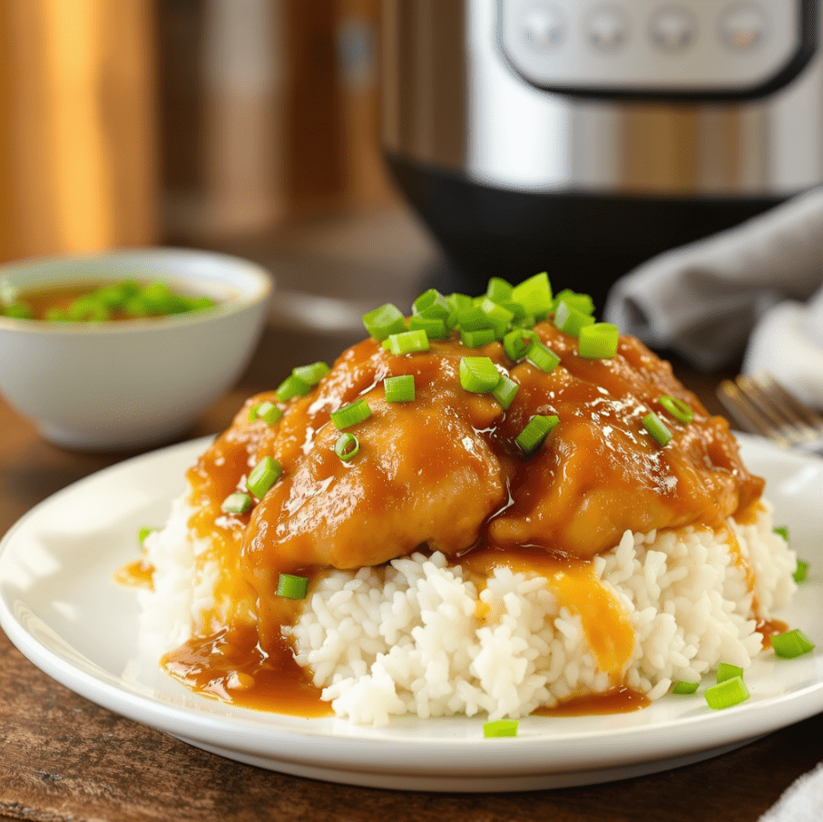 A delicious plate of Instant Pot Honey Garlic Chicken garnished with green onions, served over a bed of fluffy rice, with a drizzle of honey garlic sauce.