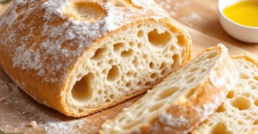 Freshly baked ciabatta bread with a crispy crust and airy interior, perfect for sandwiches or as a side.