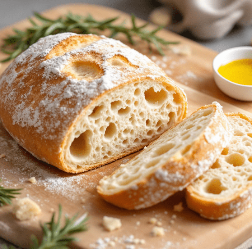 Freshly baked ciabatta bread with a crispy crust and airy interior, perfect for sandwiches or as a side.