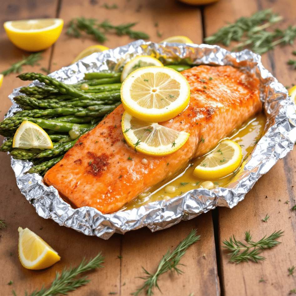 Baked Salmon in Foil with Asparagus and Lemon Garlic Butter Sauce