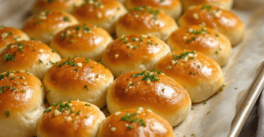 This is a tray of dinner rolls and this is a tray of dinner rolls. They have a butter topping and they have a butter topping. The topping has garlic and herbs, and the topping has garlic and herbs. They are brown, and they are brown. They are shiny, and they are shiny. They are topped with herbs, and they are topped with herbs. They are topped with garlic, and they are topped with garlic.