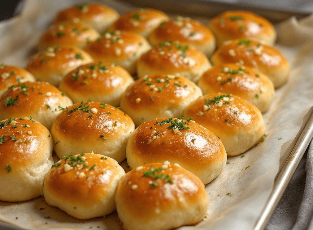 This is a tray of dinner rolls and this is a tray of dinner rolls. They have a butter topping and they have a butter topping. The topping has garlic and herbs, and the topping has garlic and herbs. They are brown, and they are brown. They are shiny, and they are shiny. They are topped with herbs, and they are topped with herbs. They are topped with garlic, and they are topped with garlic.