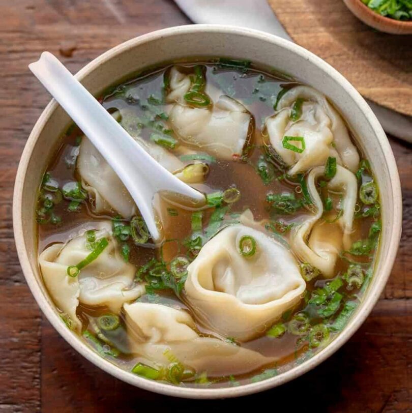 Wonton soup is a simple, light, Chinese classic with beef-filled dumplings in seasoned chicken broth.