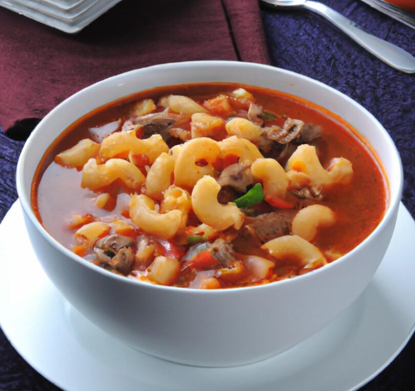 A steaming bowl of hearty Beefy Tomato Macaroni Soup, filled with tender ground beef, flavorful diced tomatoes, and al dente macaroni. Topped with grated cheddar cheese and served with a side of crusty bread. Perfect for a cold winter day or a comforting meal.