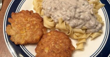 Homemade Ground Beef Stroganoff and Fried Corn Fritters Dinner Recipe