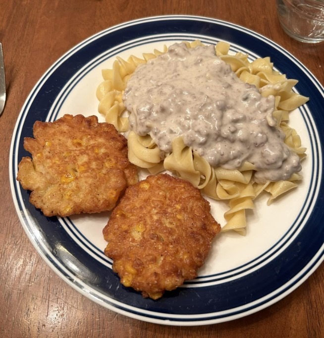 Homemade Ground Beef Stroganoff and Fried Corn Fritters Dinner Recipe