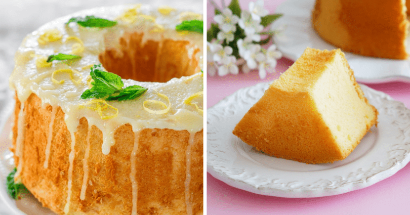 A close-up of the finished lemon chiffon cake with lemon glaze and lemon zest.