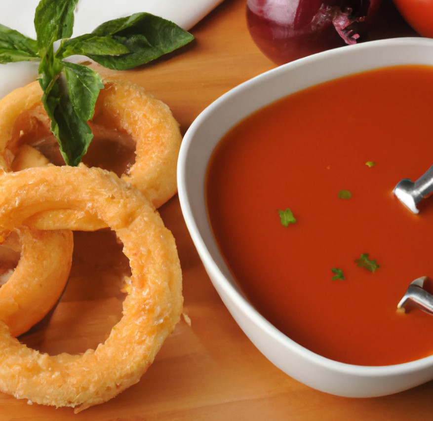 A steaming bowl of tomato basil soup paired with crispy, golden brown double-dipped onion rings.