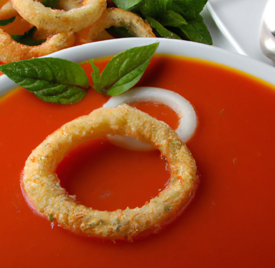 A steaming bowl of tomato basil soup paired with crispy, golden brown double-dipped onion rings.