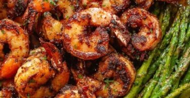 A delicious and healthy meal of lemon garlic butter shrimp with asparagus on a plate.