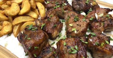 Air Fryer Garlic Butter Steak Bites and Potatoes