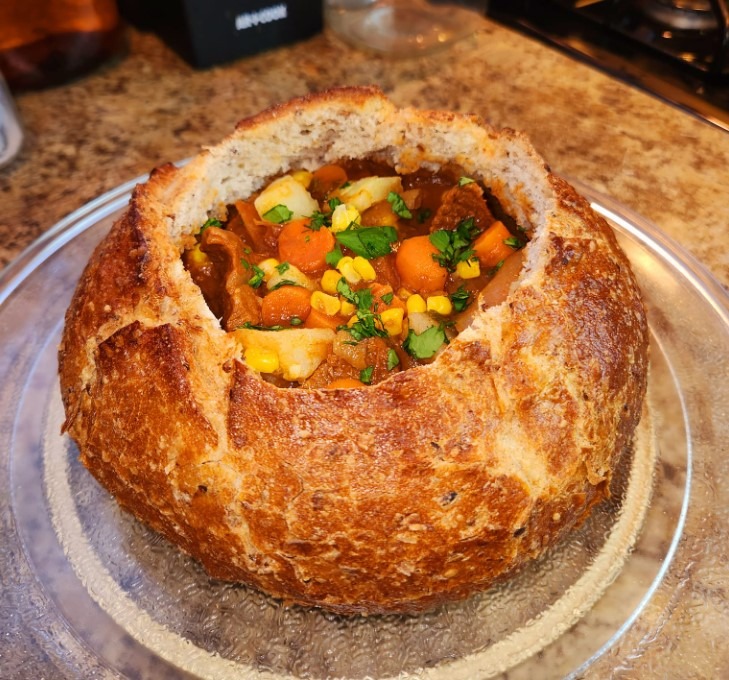 Beef stew in a bread bowl