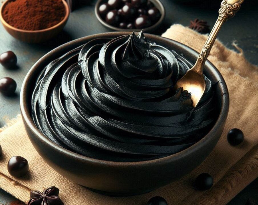 Bowl of decadent black buttercream with a spatula.