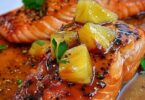 Plate of Honey Pineapple Salmon garnished with pineapple bites and fresh parsley.