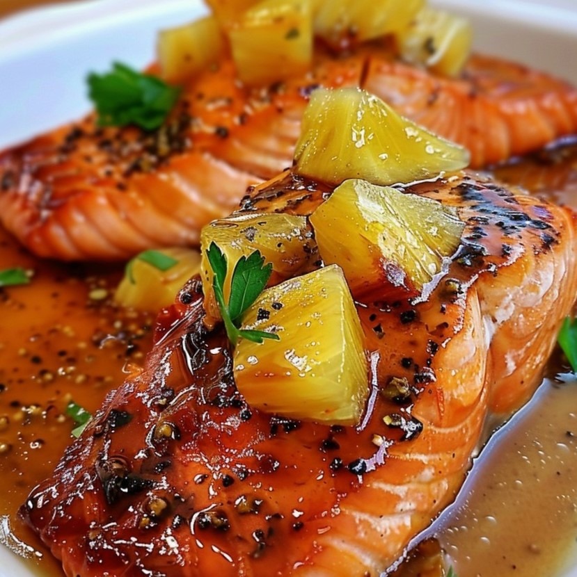 Plate of Honey Pineapple Salmon garnished with pineapple bites and fresh parsley.