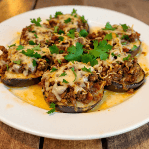 A beautifully plated dish of baked eggplant slices topped with savory ground beef filling and melted cheese, garnished with fresh parsley