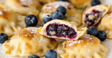 A plate of freshly made blueberry pierogi, showcasing their golden-brown exterior and juicy blueberry filling.