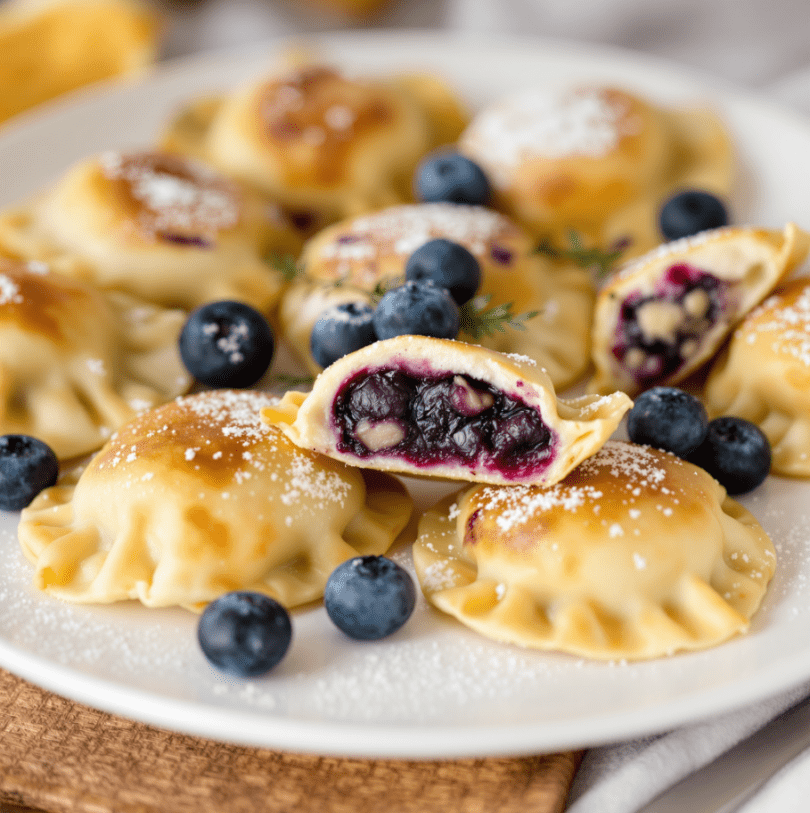 A plate of freshly made blueberry pierogi, showcasing their golden-brown exterior and juicy blueberry filling.