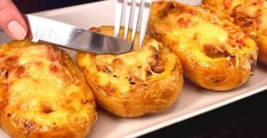 Twice Baked Potatoes Filled with Meat and Cheese