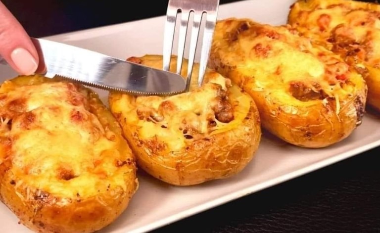 Twice Baked Potatoes Filled with Meat and Cheese