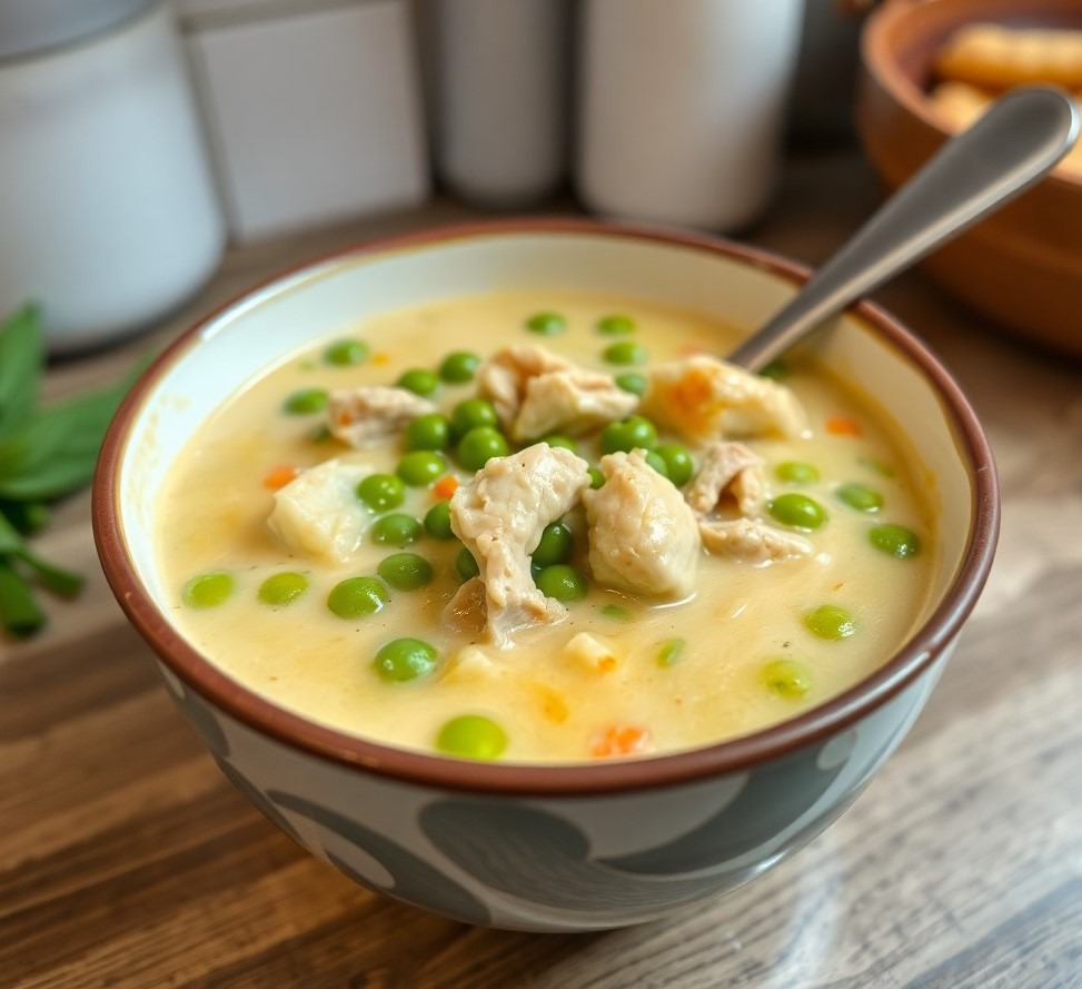 creamy chicken pot pie soup in a bowl with chicken carrot green beans