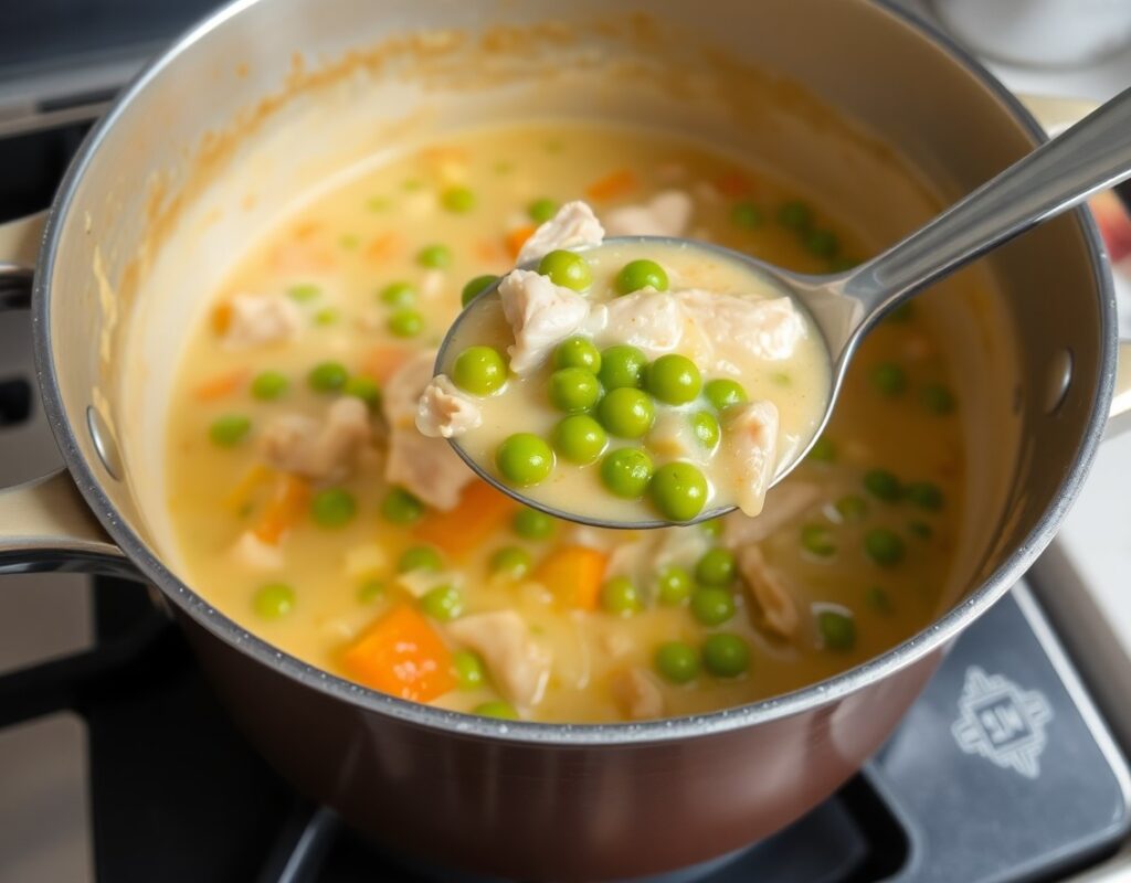 creamy chicken pot pie soup in a pot with chicken carrot green beans