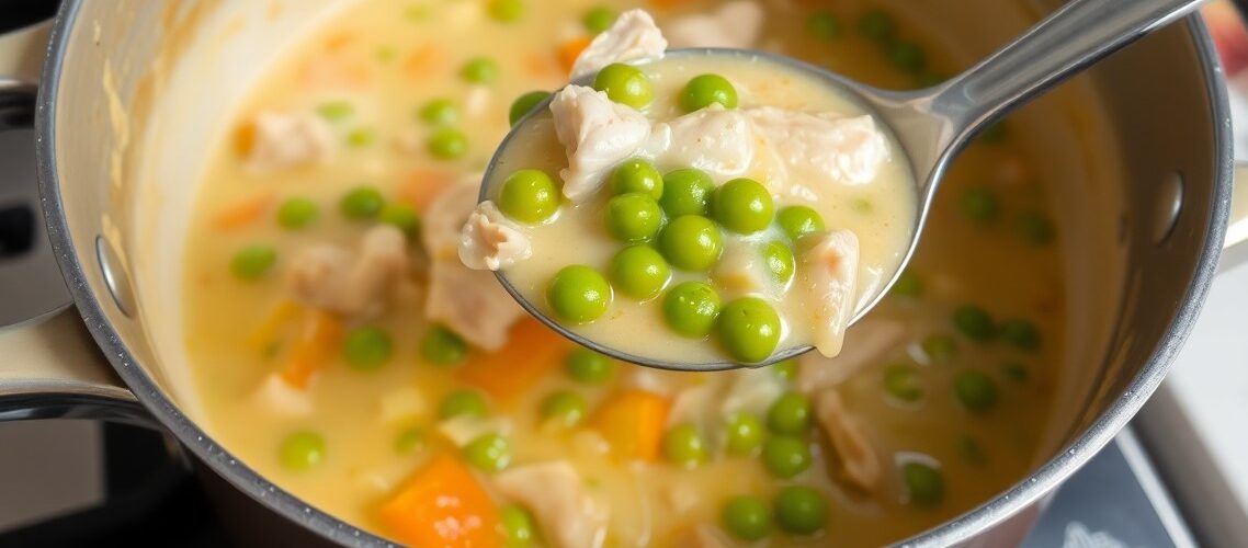 creamy chicken pot pie soup in a pot with chicken carrot green beans