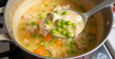 creamy chicken pot pie soup in a pot with chicken carrot green beans