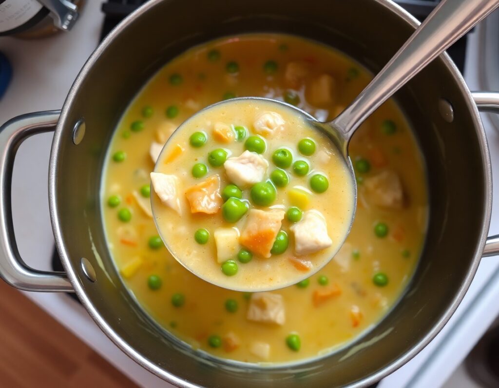 creamy chicken pot pie soup in a pot with chicken carrot green beans