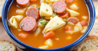 A bowl of hearty Kielbasa and Cabbage Soup garnished with fresh parsley, showcasing slices of sausage, tender cabbage, and colorful vegetables.