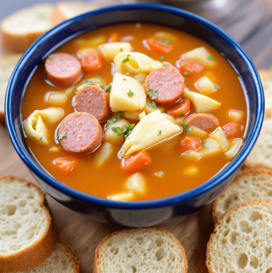 A bowl of hearty Kielbasa and Cabbage Soup garnished with fresh parsley, showcasing slices of sausage, tender cabbage, and colorful vegetables.