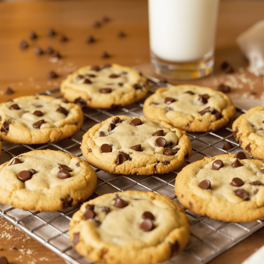 A freshly baked batch of classic chocolate chip cookies on a cooling rack, showcasing their golden-brown edges and melted chocolate chips, with a glass of milk in the background.