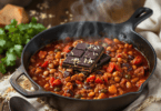 A pan of homemade chili topped with a chocolate bar