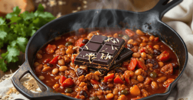 A pan of homemade chili topped with a chocolate bar