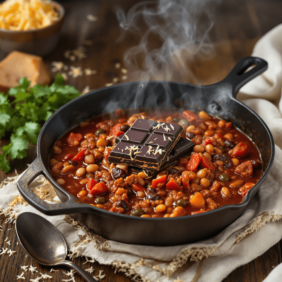 A pan of homemade chili topped with a chocolate bar