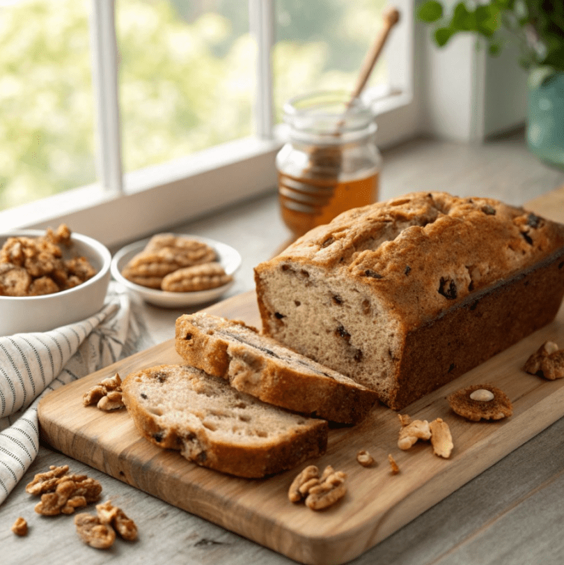 Banana Nut Bread, natural lighting, rustic plating