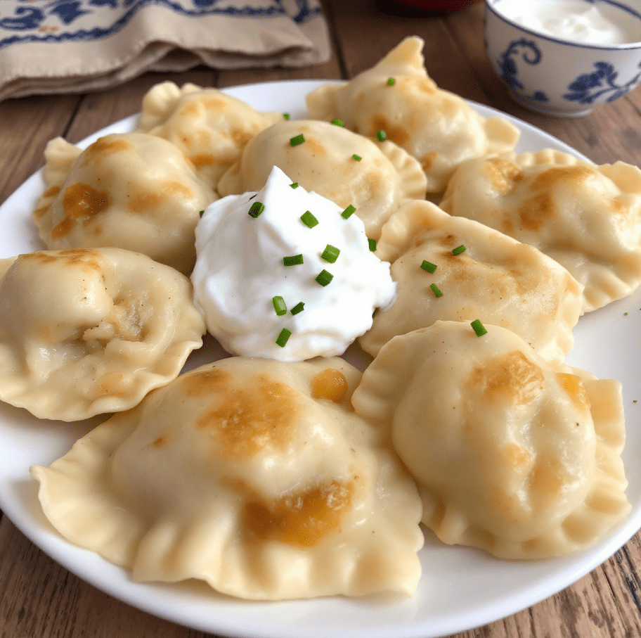 Homemade pierogi served with sour cream and chives