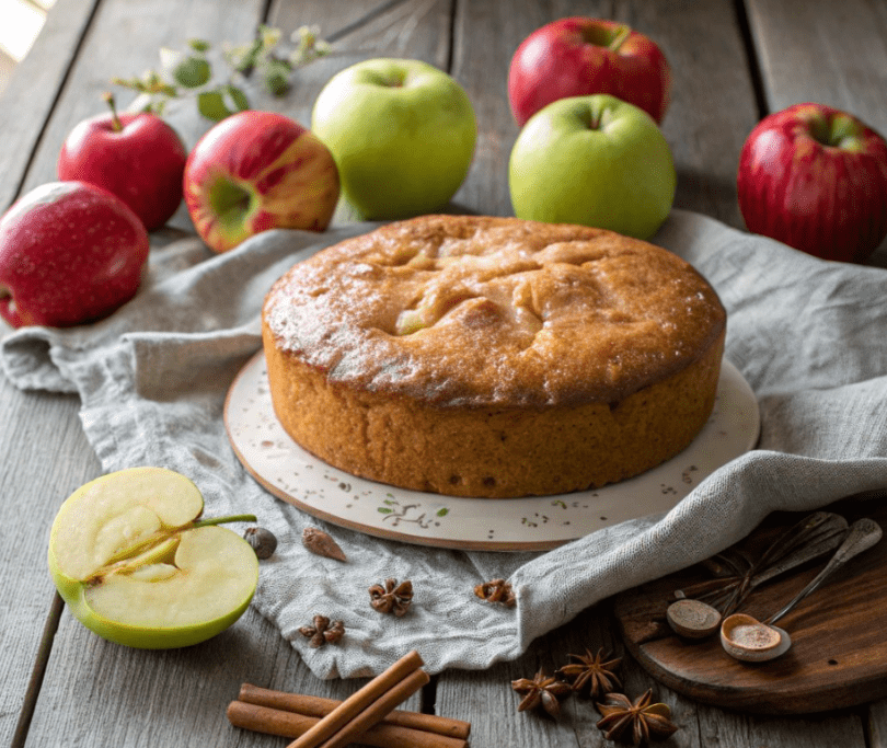 Whole Yabluchnyk on a table, surrounded by fresh apples and cinnamon sticks, with soft natural light illuminating the scene.