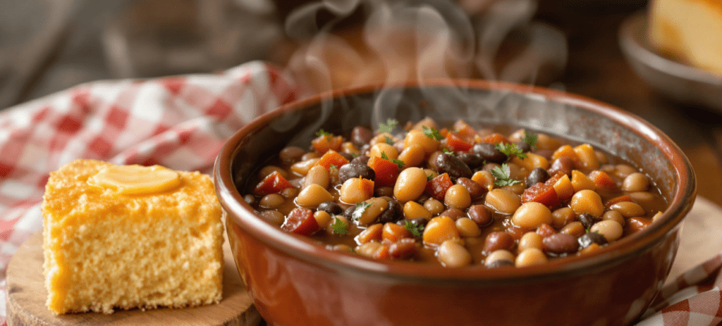 A steaming bowl of bean stew served with a slice of golden cornbread on a rustic wooden table.