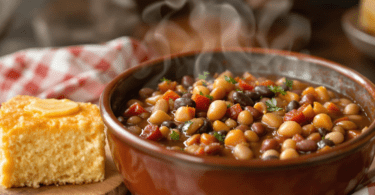 A steaming bowl of bean stew served with a slice of golden cornbread on a rustic wooden table.