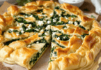 A golden-brown Spanakopita pie, showcasing flaky phyllo layers and a delicious spinach and feta filling, served on a rustic wooden table.